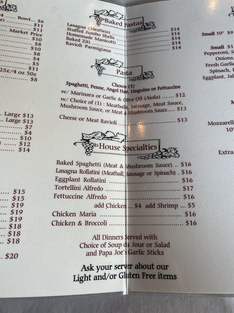 Menu at Papa Joe's Italian Restaurant, Cape Coral