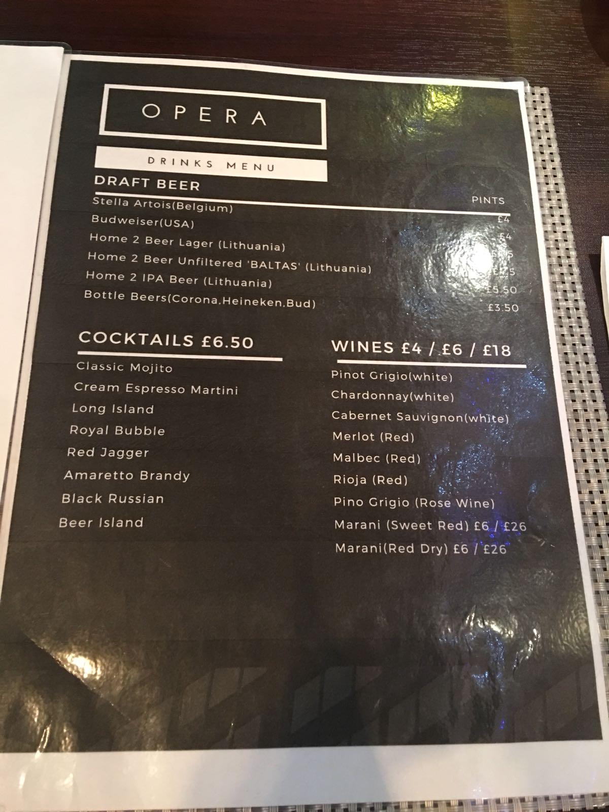 Menu at Opera Restaurant and Bar, London, 761-763 High Rd Leytonstone
