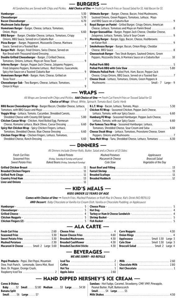 Menu at Hometown Eatery restaurant, Mifflinburg, 310 E Chestnut St