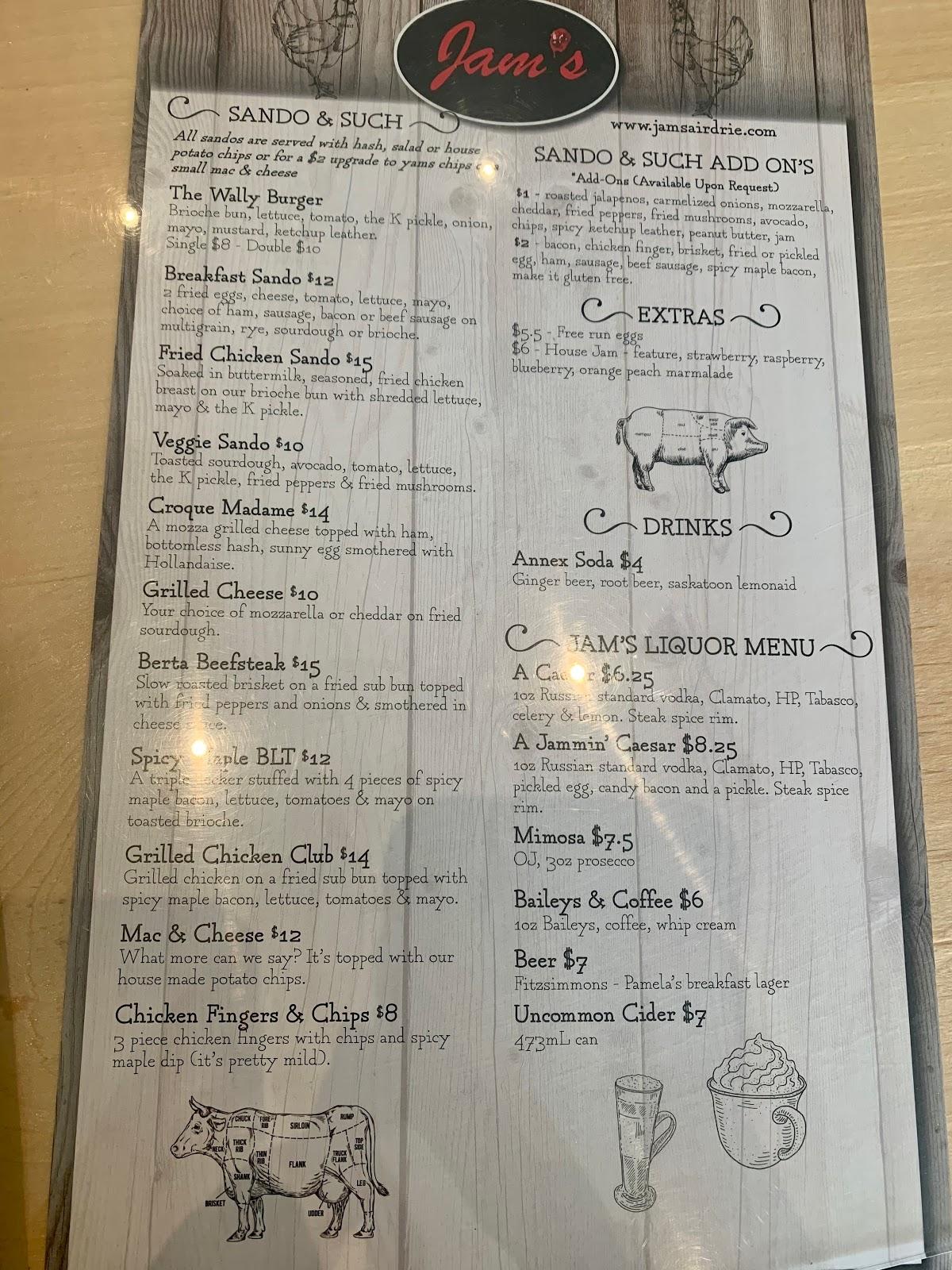 Menu at Jam's restaurant, Airdrie