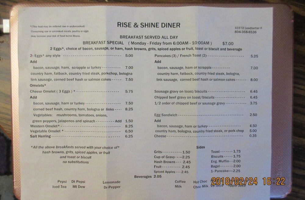 Carta del restaurante Rise and Shine Diner, Ashland