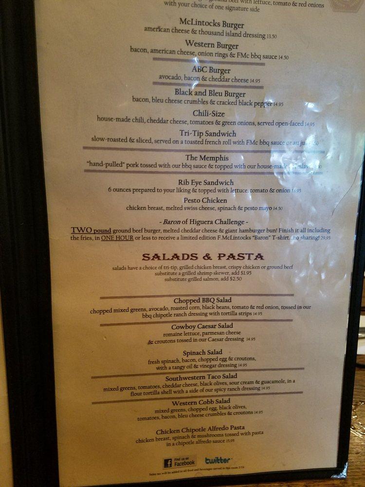 Menu at F. McLintocks Saloon and Dining House BBQ, Pismo Beach