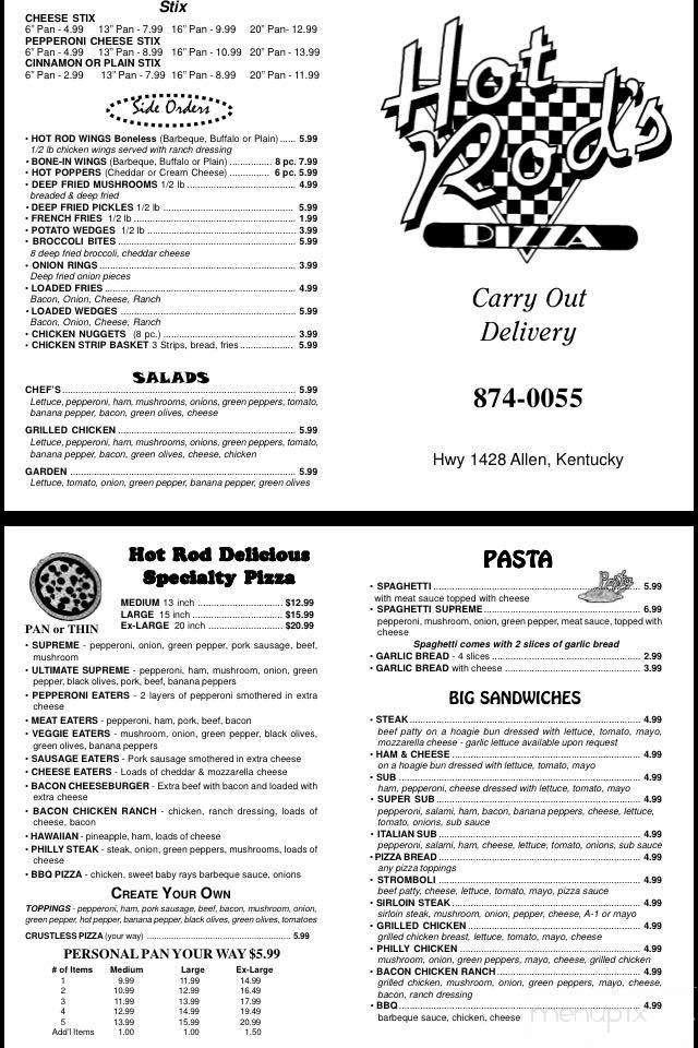 Menu at Hot Rod's Pizza in Allen pizzeria, Allen City, KY1428