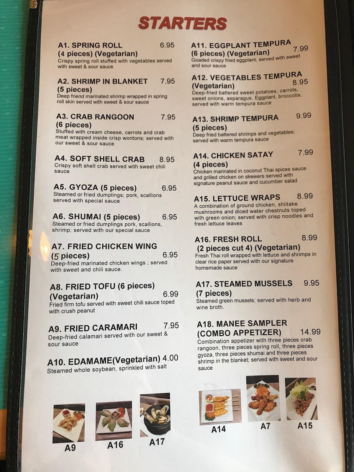 Menu at Manee Thai Cuisine In restaurant, Indianapolis