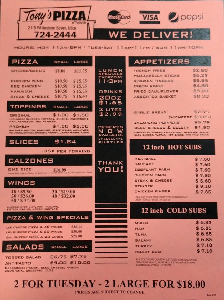 Menu at Tony's Pizza of Yorkville pizzeria, Utica