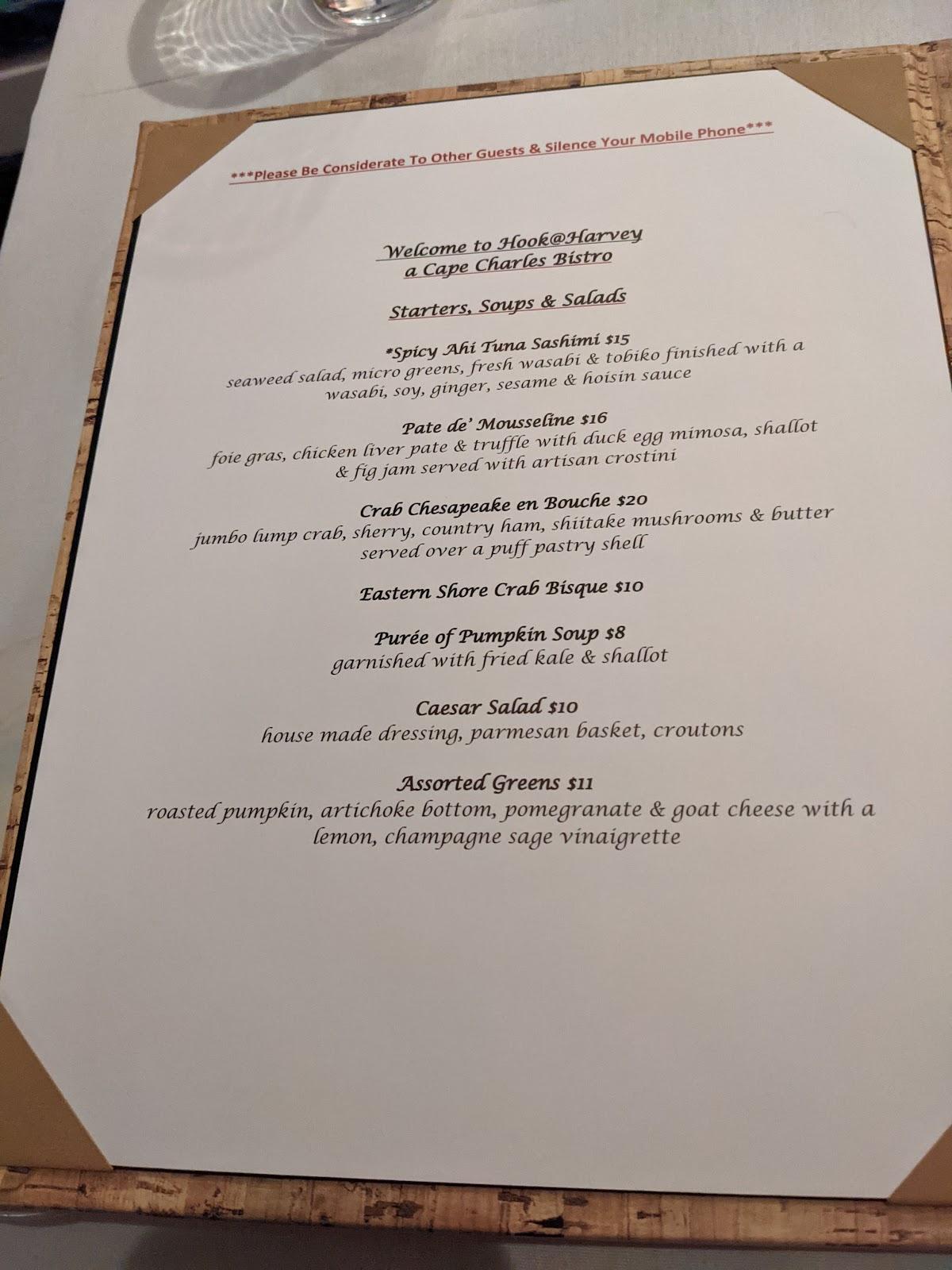 Menu at Hook Harvey a Cape Charles Bistro restaurant, Cape Charles