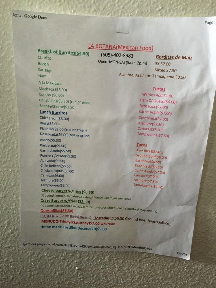 Menu at La Botana restaurant, Bloomfield