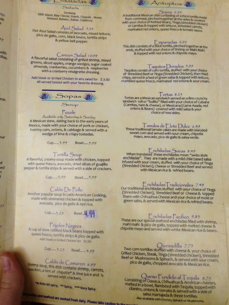 Menu at Azul Tequila Taqueria & Cantina pub & bar, Peachtree City