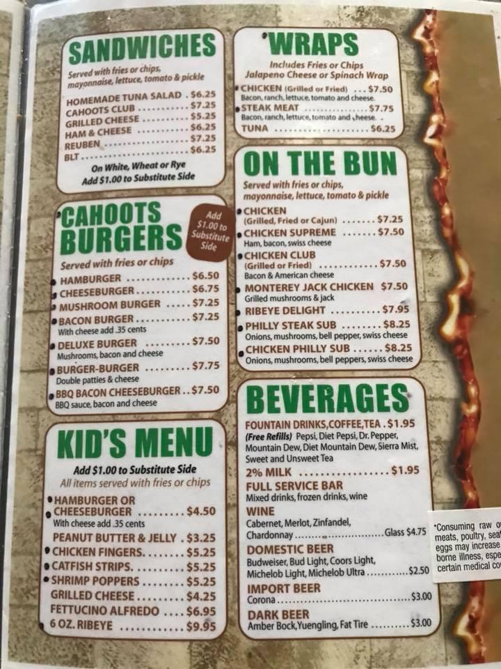 Menu at Cahoots Restaurant, Fayetteville