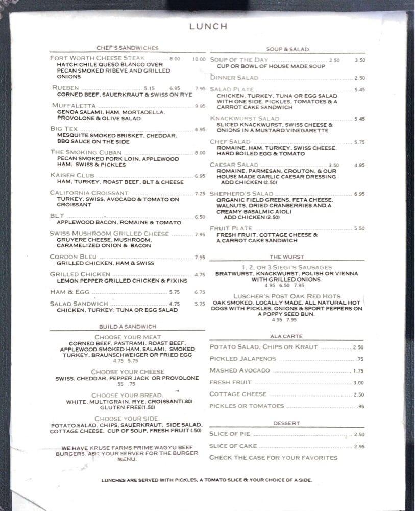 Menu at Swiss Pastry Shop cafe, Fort Worth