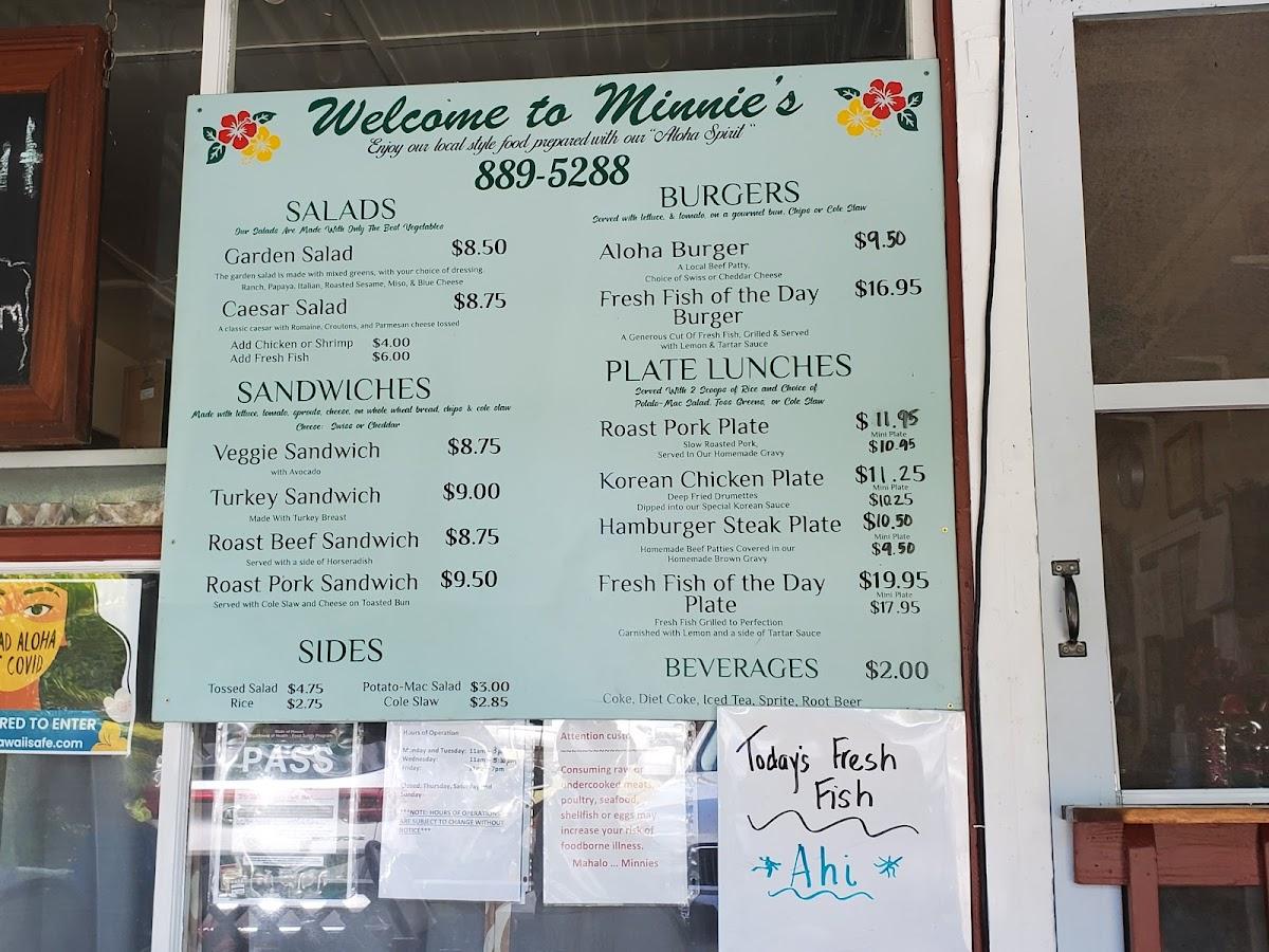 Menu at Minnie's Ohana Lim Style restaurant, Kapaau