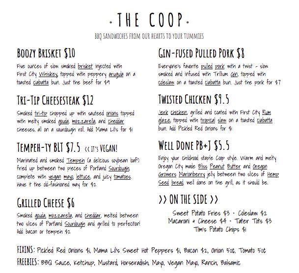 Menu at The Coop Food Truck BBQ, Portland, SE McLoughlin Blvd