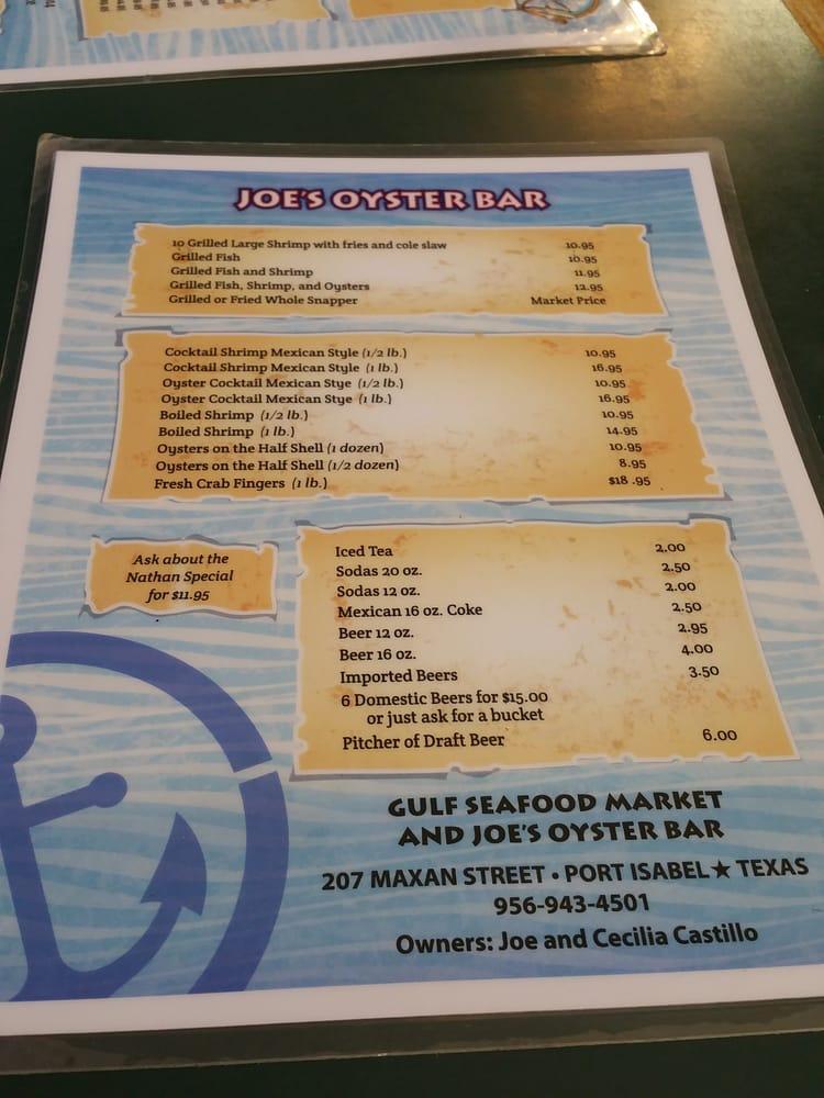 Menu at Joe's Oyster Bar, Port Isabel