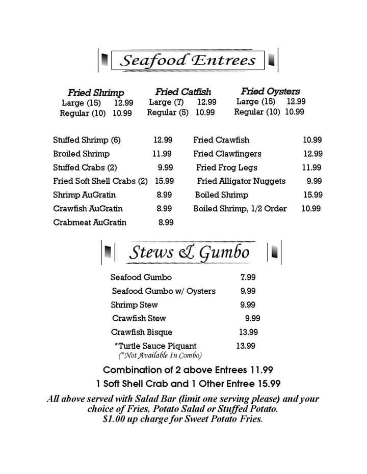 Menu at Landry's Seafood restaurant, Pierre Part
