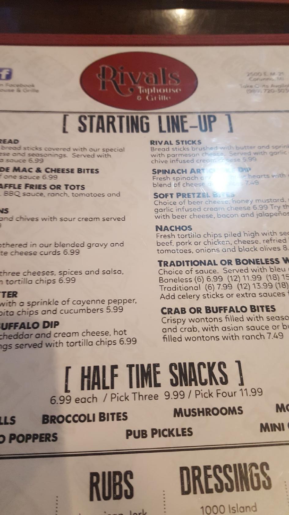 Menu at Rivals Taphouse & Grille pub & bar, Corunna