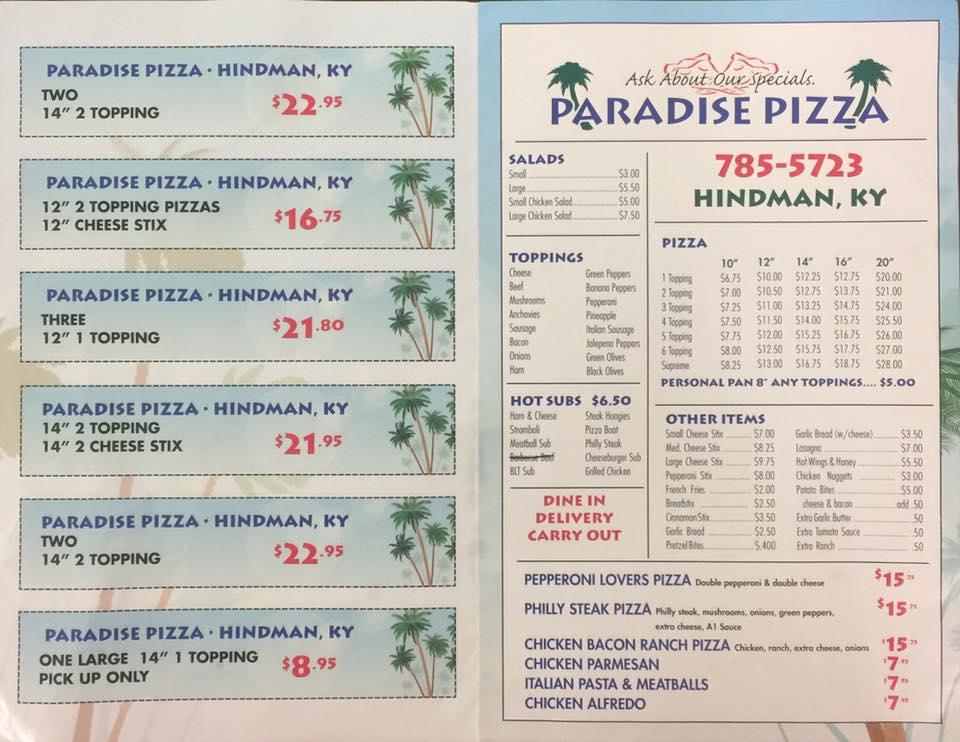 Menu at Paradise Pizza restaurant, Hindman