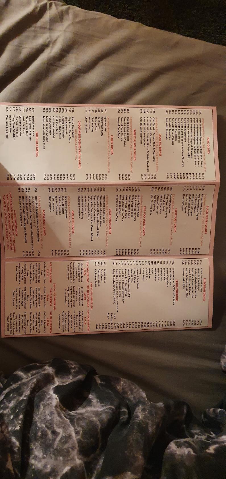 Menu at New Loon Wah restaurant, Prudhoe