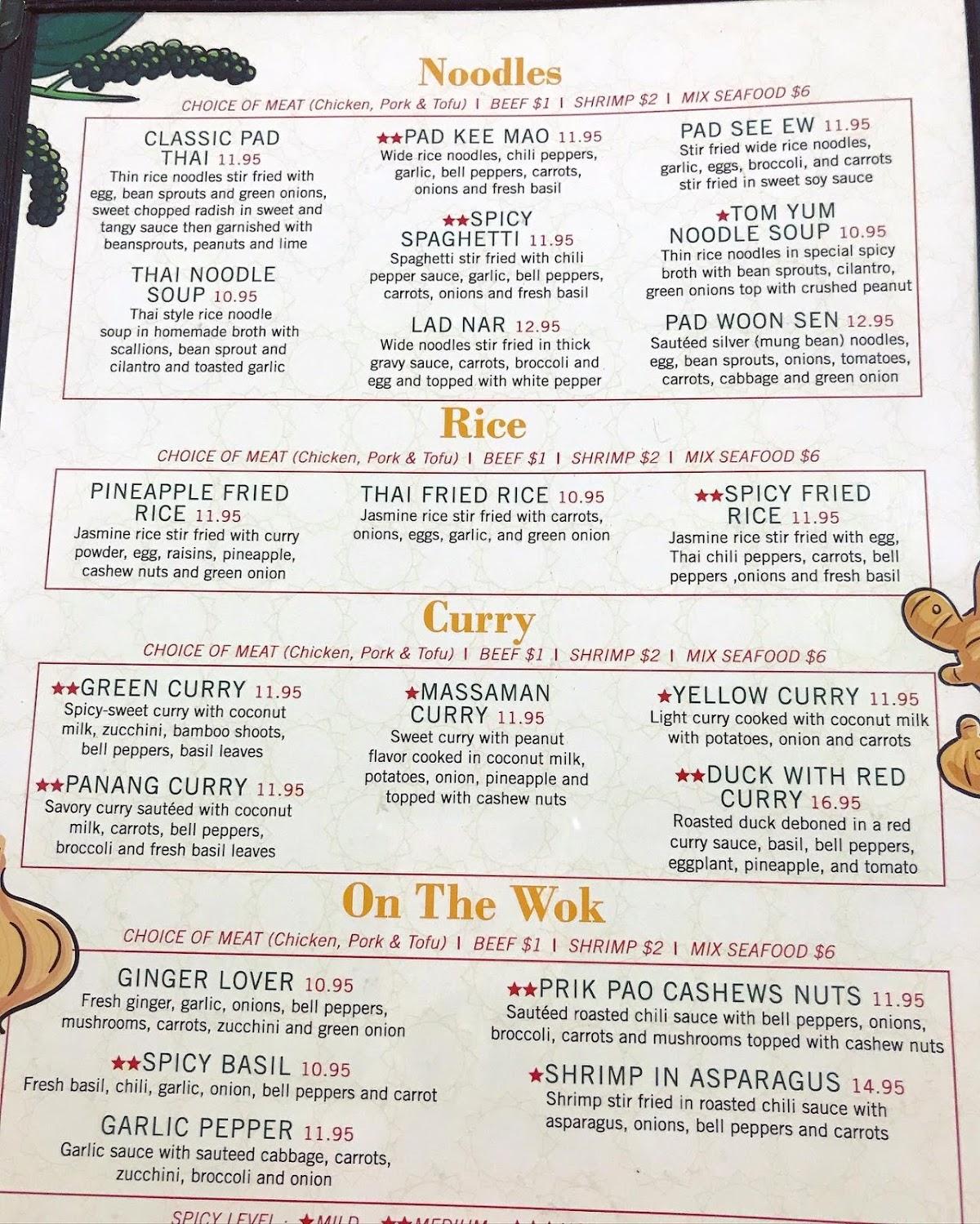 Menu at Sirin Thai SC restaurant, Greenville