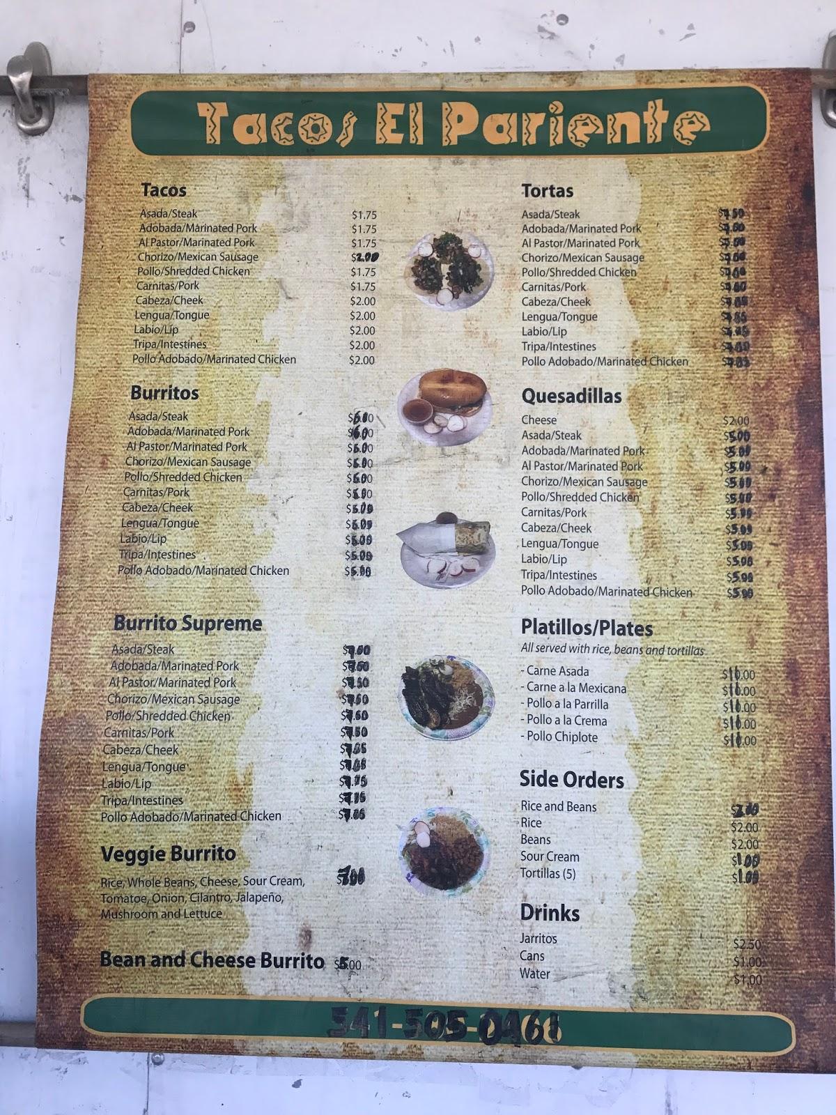 Menu at Tacos El Pariente restaurant, Rice Hill, 695 John Long Rd