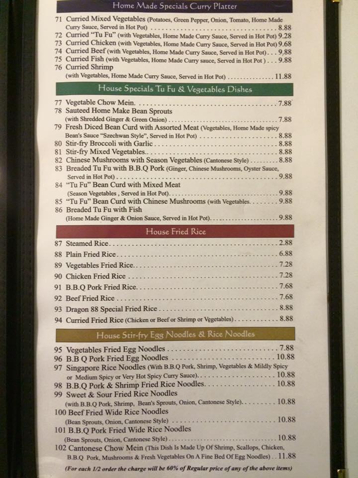 Menu at Dragon 88 restaurant, Conception Bay South