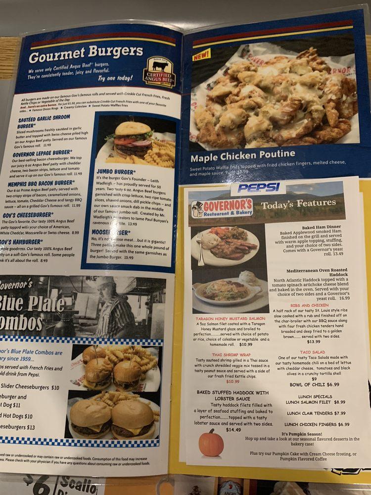 Menu at Governor's Restaurant & Bakery, Presque Isle
