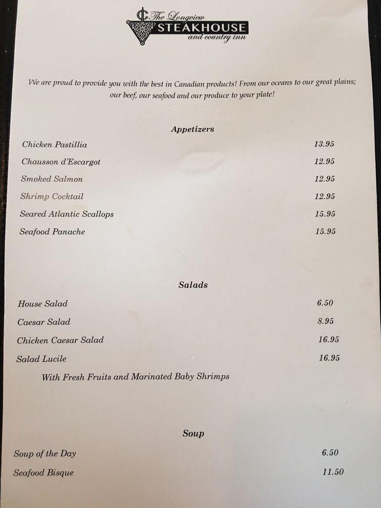 Menu at Longview Steakhouse, Longview, Highway 22 West