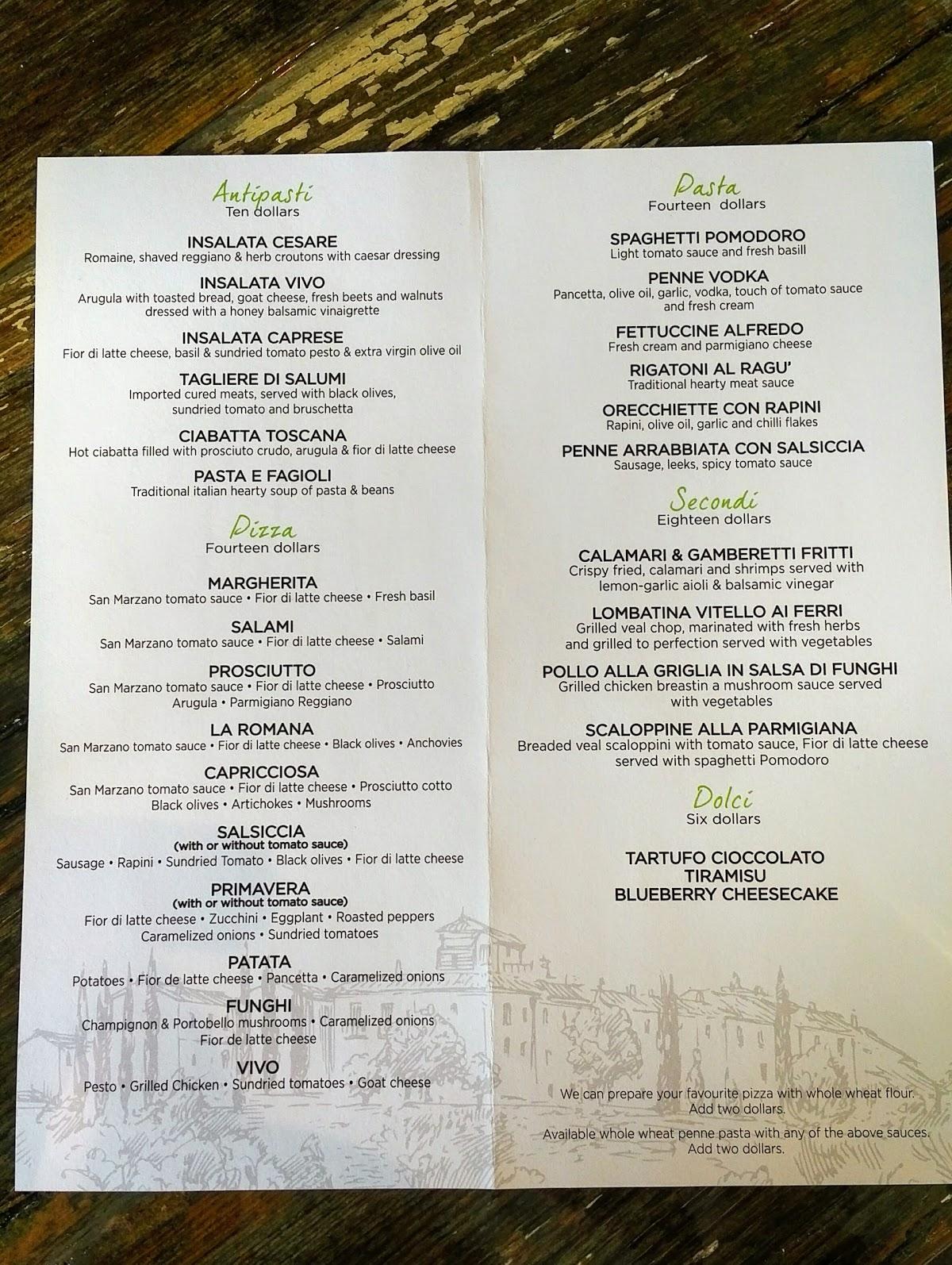 Menu at Vivo Pizza+Pasta pizzeria, Toronto, 150 N Queen St
