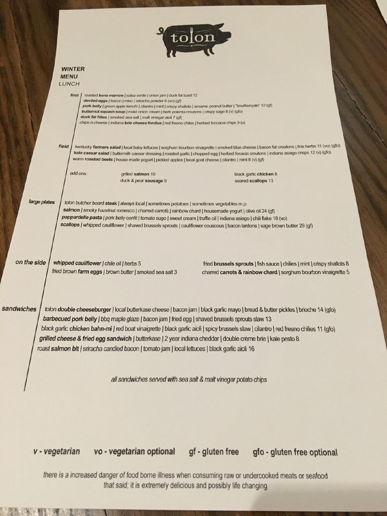 Menu at Tolon restaurant, Fort Wayne