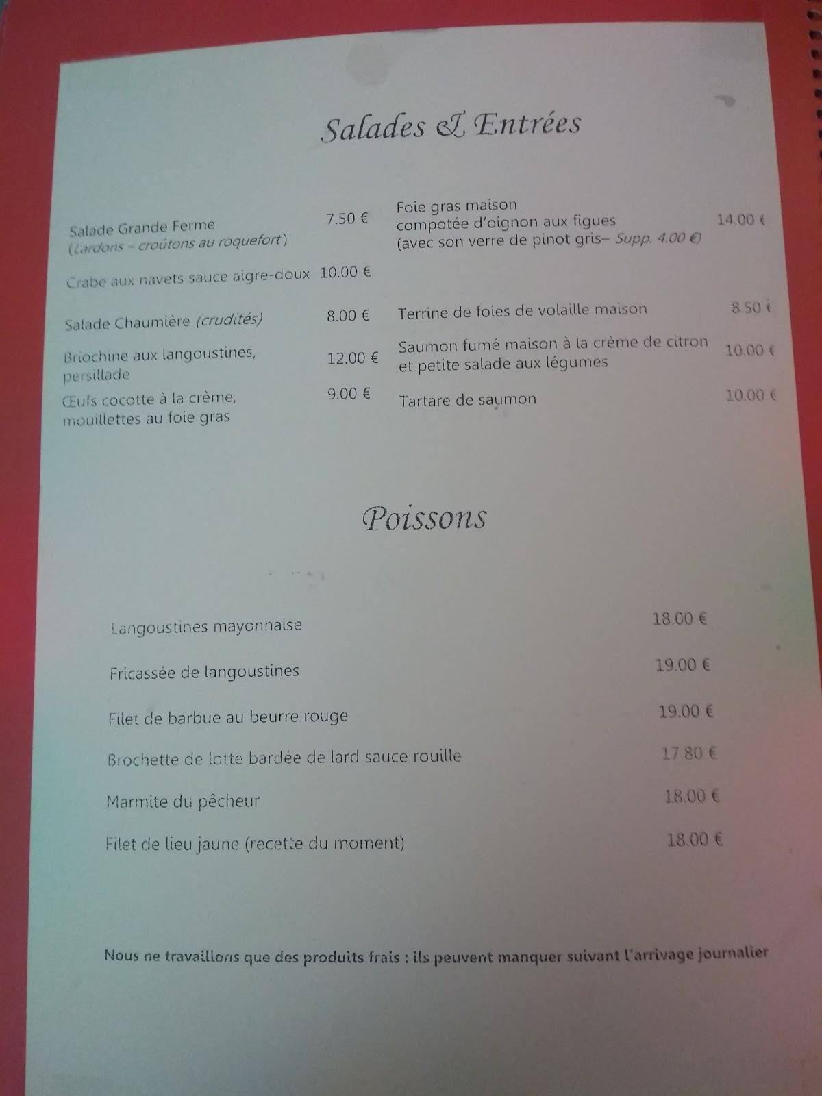 Menu at La Chaumière restaurant, Brest