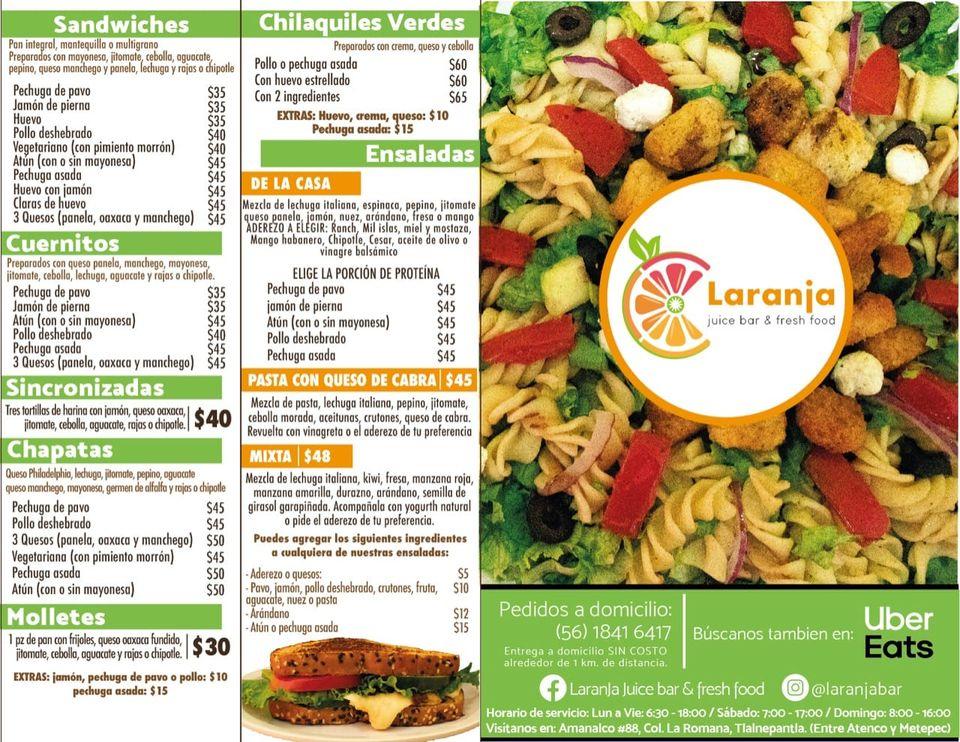 Menu at LaranJa Juice bar & fresh food, Tlalnepantla de Baz