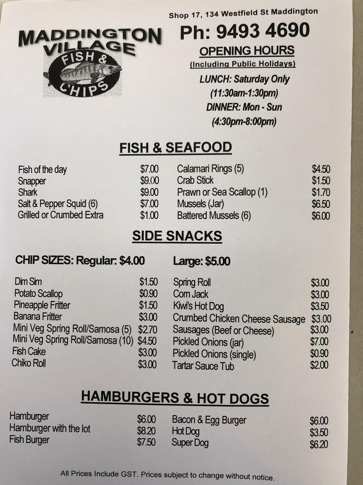 Menu at Maddington Village Fish & Chips restaurant, Maddington
