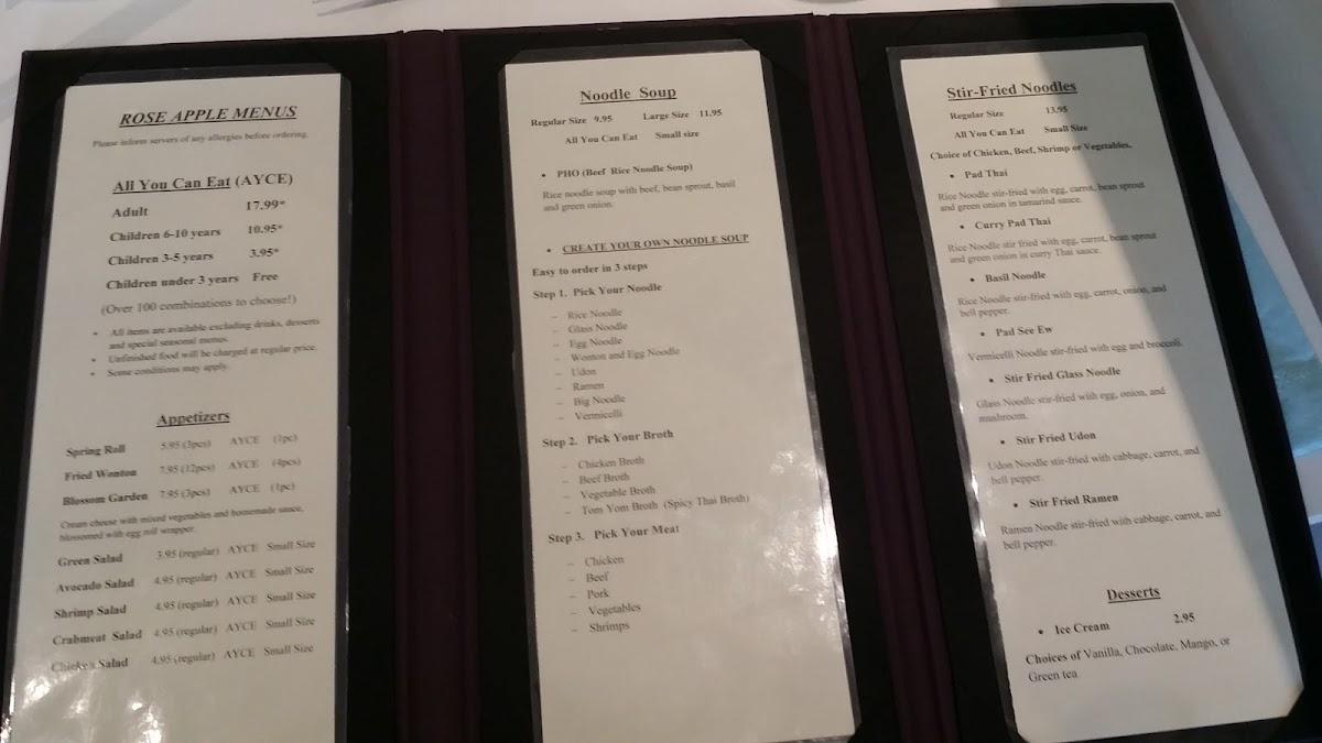 Menu at Rose Apple restaurant, Sudbury, Paris St