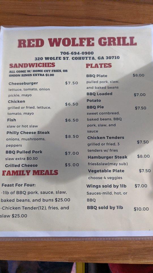 Menu at Red Wolfe Grill pub & bar, Cohutta