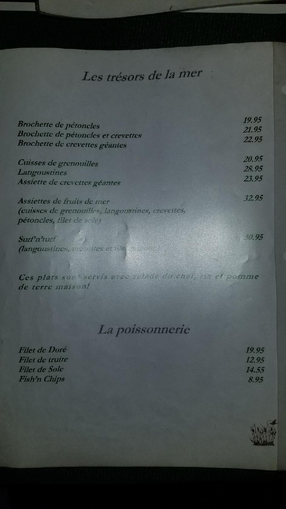 Menu at Restaurant Le Marais, SaintIgnacedeLoyola