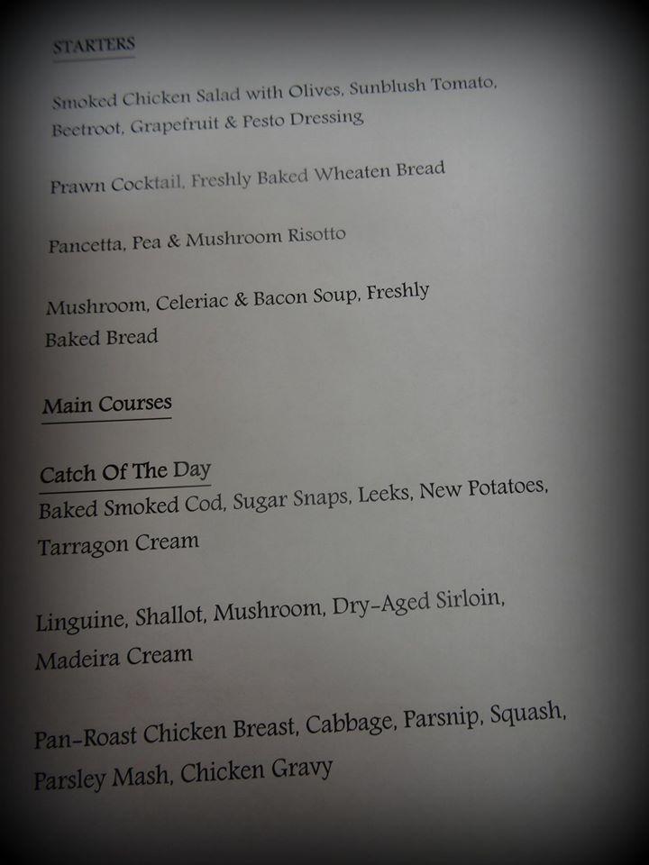 Menu at Ulster Reform Club, Belfast