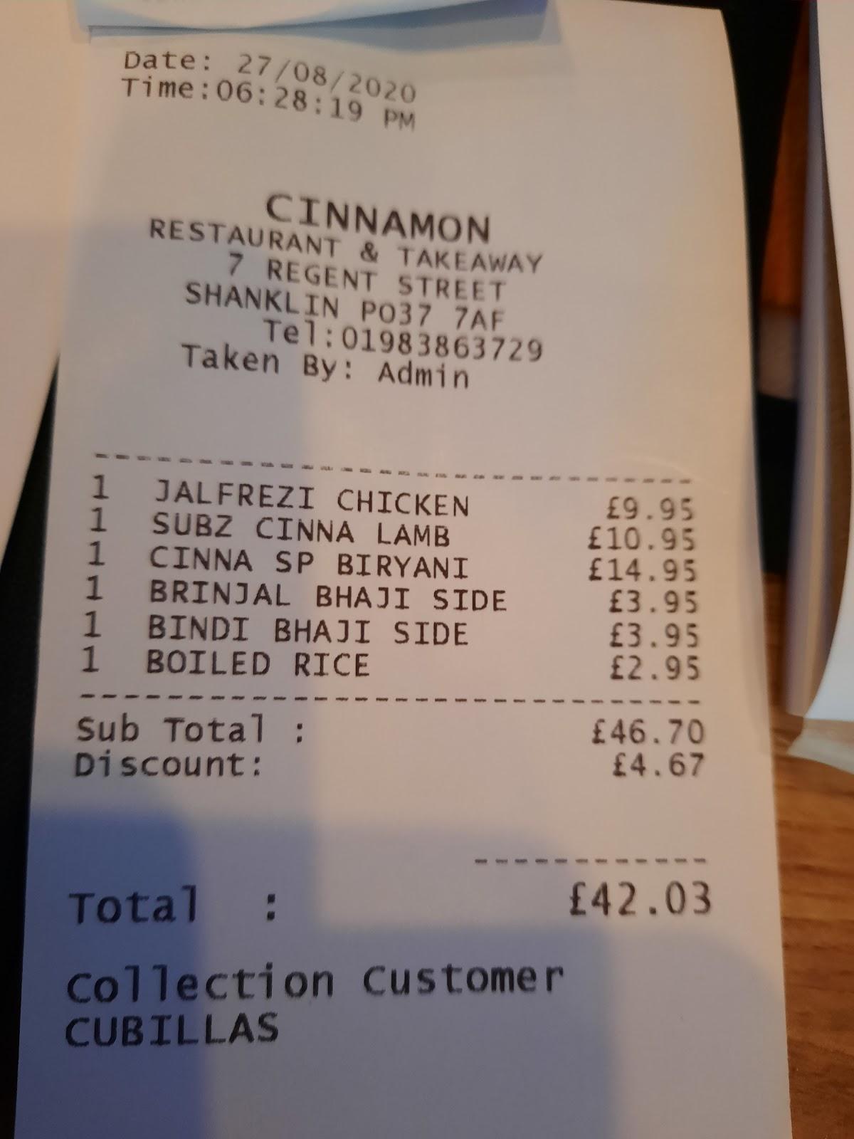 Menu at Cinnamon Restaurant, Shanklin