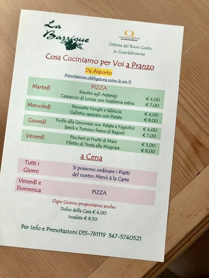Menu au Osteria La Barrique, Guardabosone