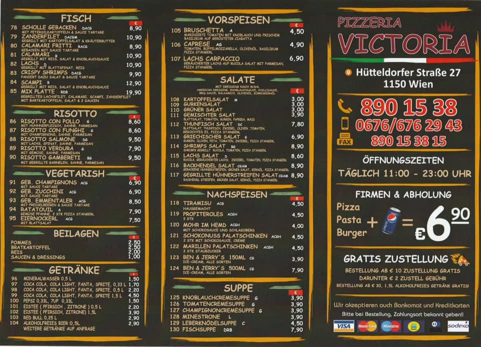Menu at Pizzeria Victoria, Vienna