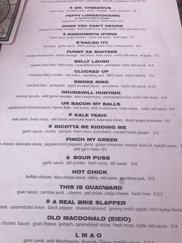 Menu at Pizza Hyena pizzeria, Surfside Beach