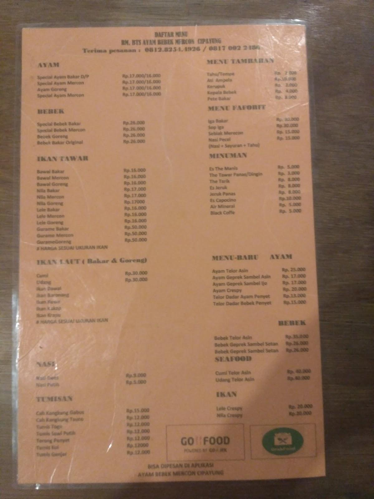 Menu at Ayam Mercon Cipayung restaurant, East Jakarta, Jl. Cipayung