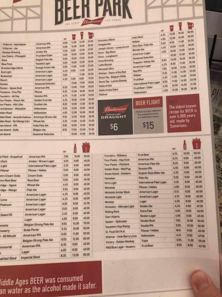 Menu at Beer Park pub & bar, Las Vegas, S Las Vegas Blvd