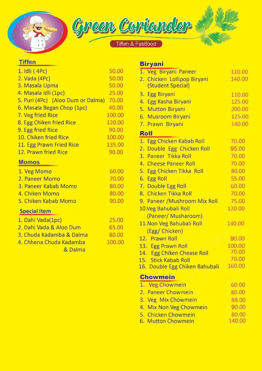 GREEN CORIANDER menu