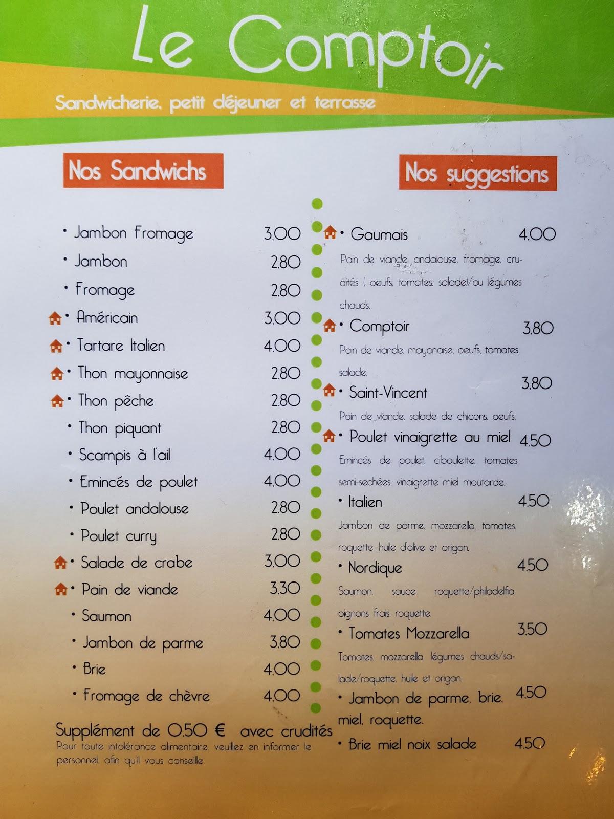 Menu at Le Comptoir, Soignies