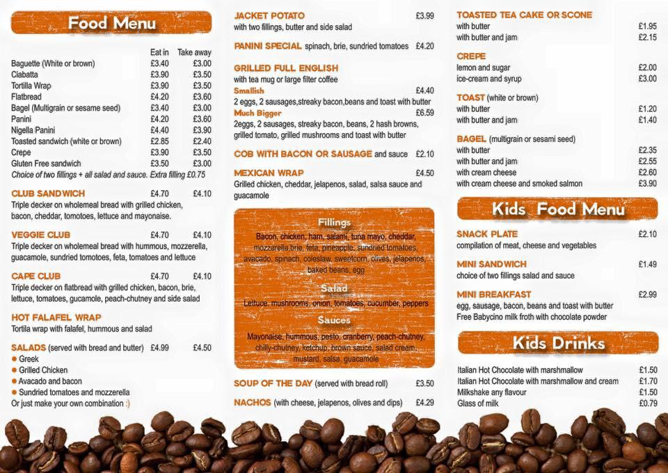 Menu at Baobab Cafe, Loughborough