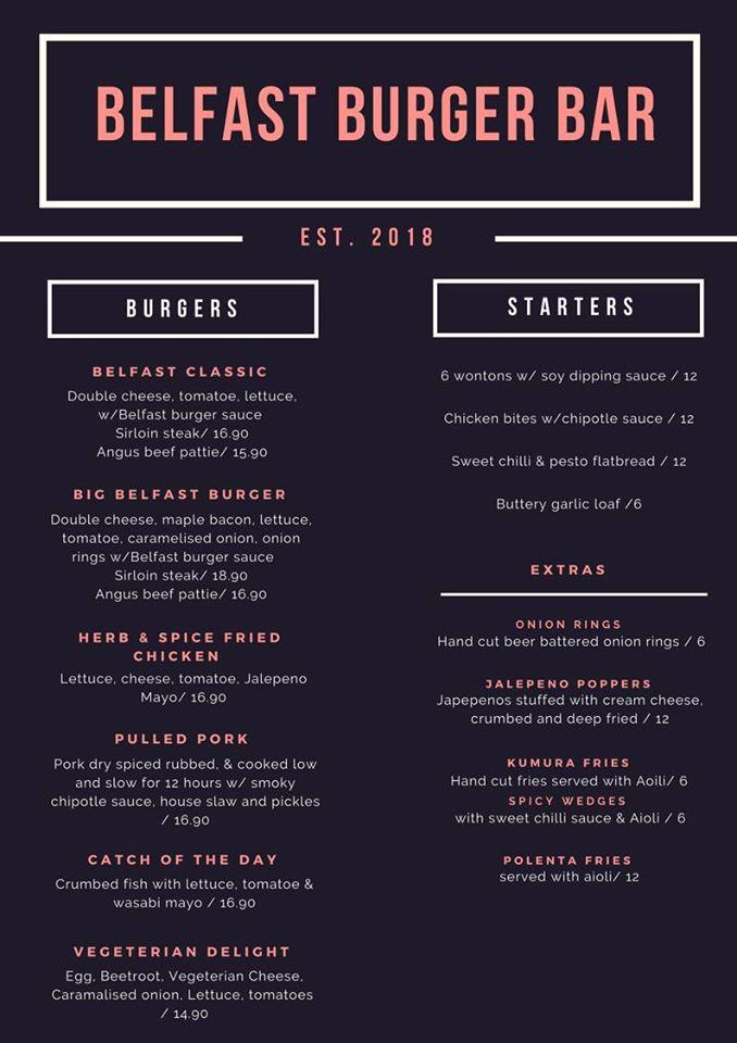 Menu at Belfast Food Bar, Christchurch, Main North Road