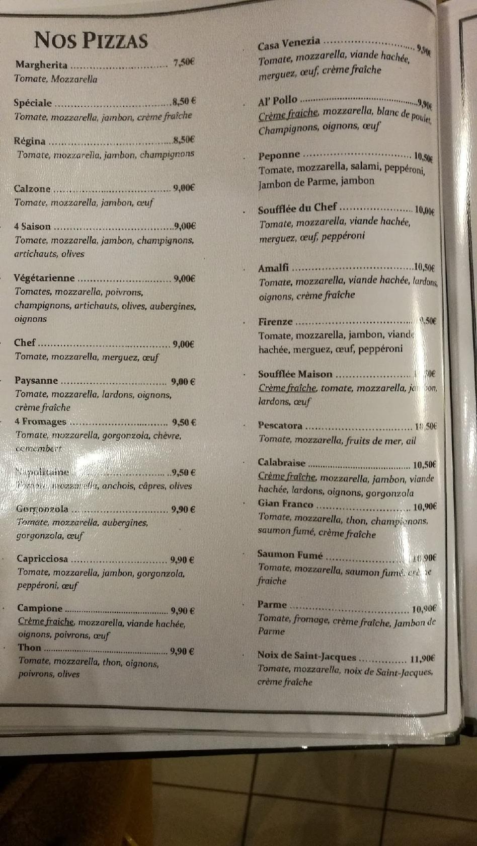 Menu au Restaurant Pizza Casa Venezia SaintOuen, SaintOuen