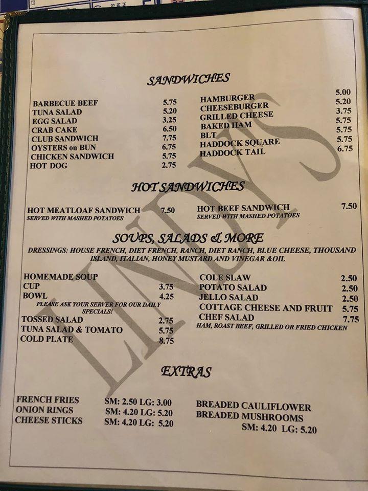 Menu at Lindy's Restaurant, Cumberland