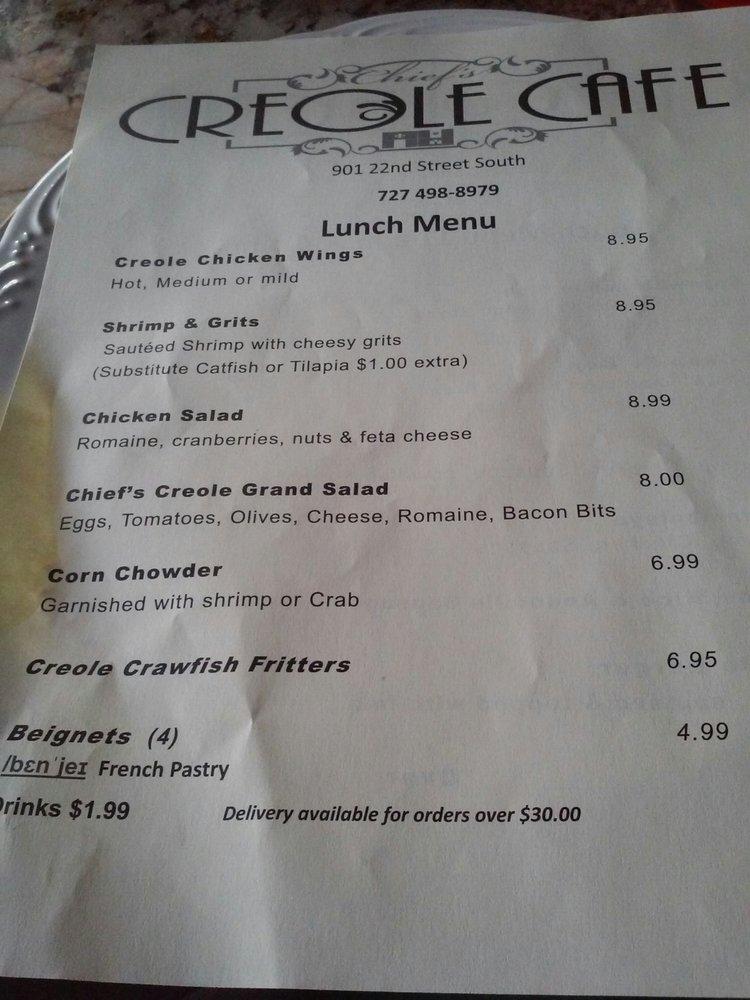 Menu At Chief's Creole Cafe, Saint Petersburg