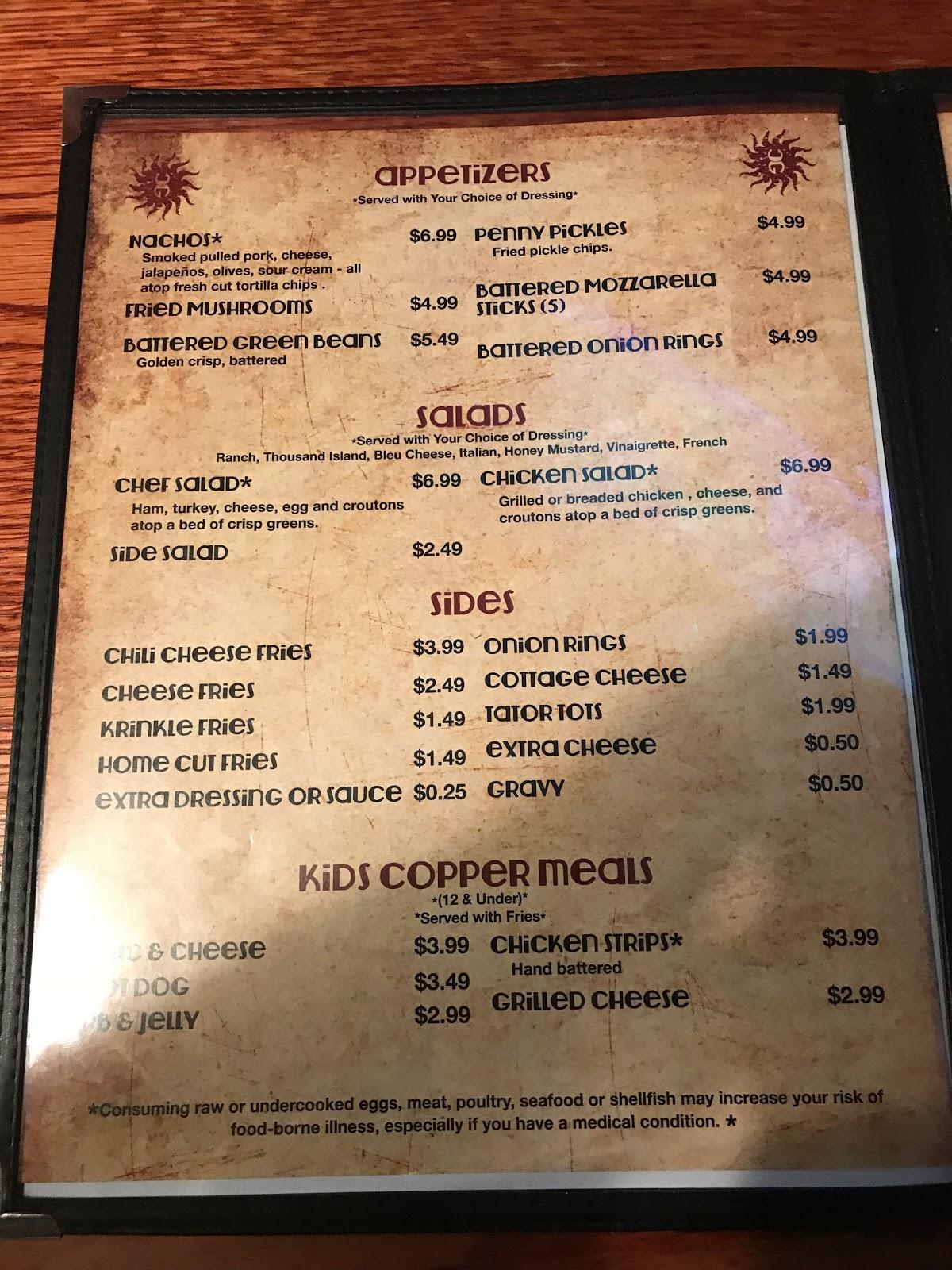 Menu at Copper Grill restaurant, Ash Grove