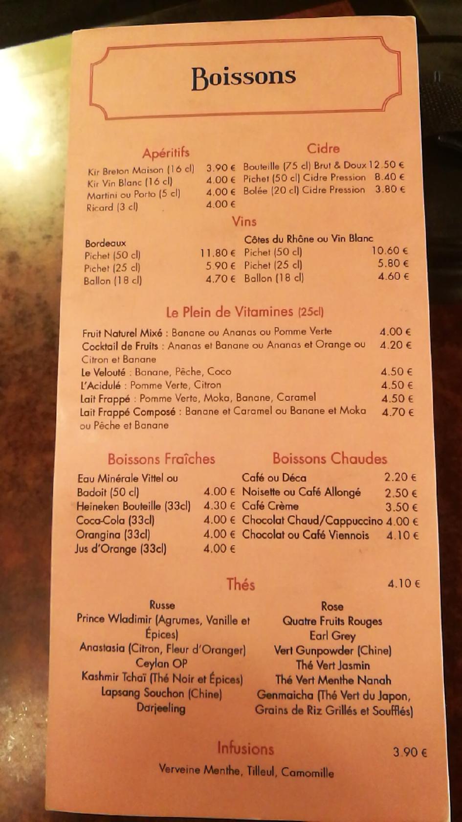 Menu at La Crêpe en l’Isle restaurant, Paris